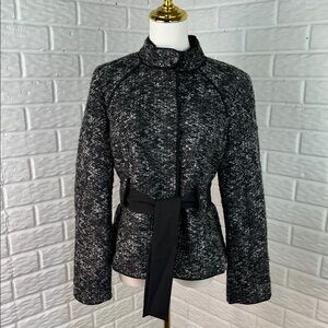 SANDRO TWEED CAREER JACKET HIDDEN BUTTON SASH BELT BLACK AND WHITE SZ MED NWT